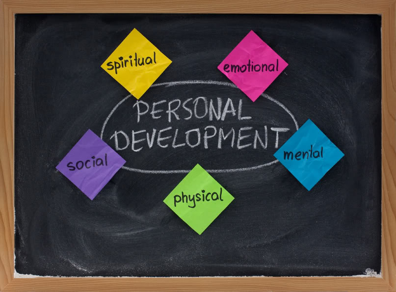 5 dimensions of personal development: spiritual, emotional, mental, physical, social -  concept on blackboard presented with colorful sticky notes and white chalk